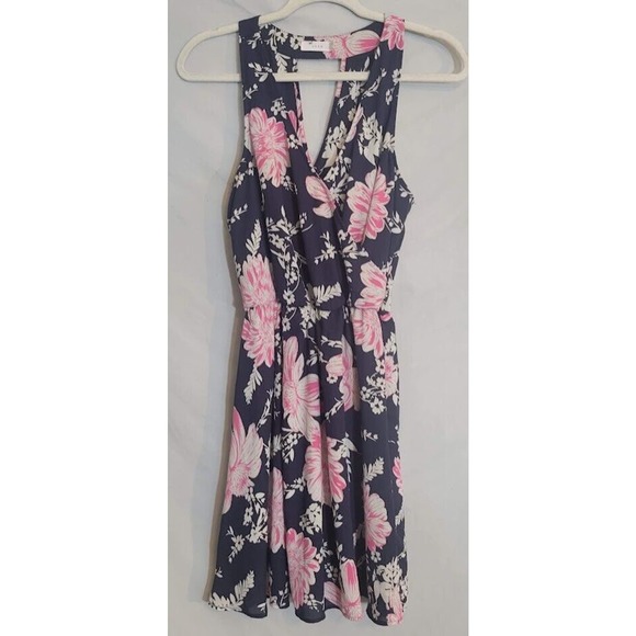 Lush Mini Blue Pink Floral Sleeveless Skater Dress V-Neck Key Hole Back Sz L - Picture 5 of 8